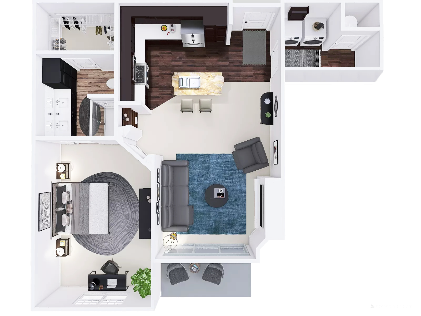 Floor plan for 1 bed, 1 bath, 880 sqft